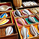 **

A colorful display of Maldivian handicrafts in a local market. Include woven mats, wood carvings (fish or dolphins), and jewelry made from seashells. Focus on the detail and artistry of the items.

**