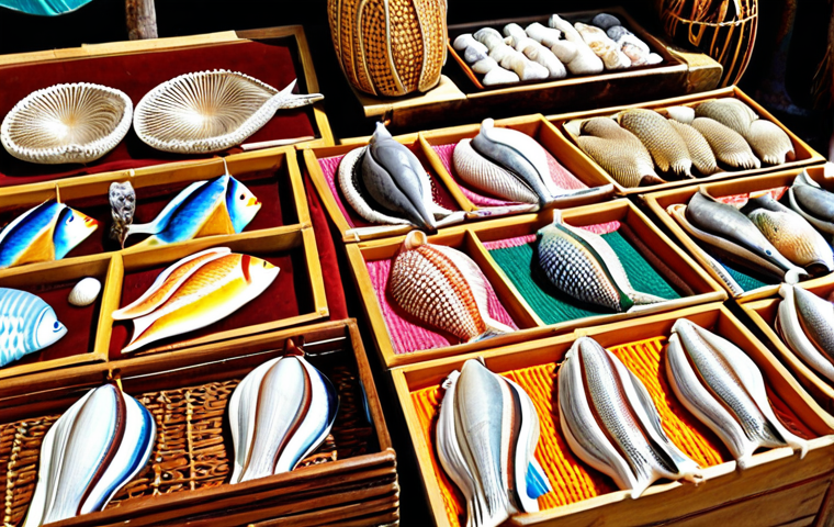**
A colorful display of Maldivian handicrafts in a local market. Include woven mats, wood carvings (fish or dolphins), and jewelry made from seashells. Focus on the detail and artistry of the items.
**