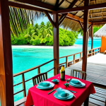 **Maldivian Guesthouse Scene:** A cozy, brightly colored guesthouse on a local island in the Maldives. Include details like local residents interacting, traditional Maldivian food being served, and clear turquoise water in the background. This represents budget-friendly accommodation and authentic cultural experiences.