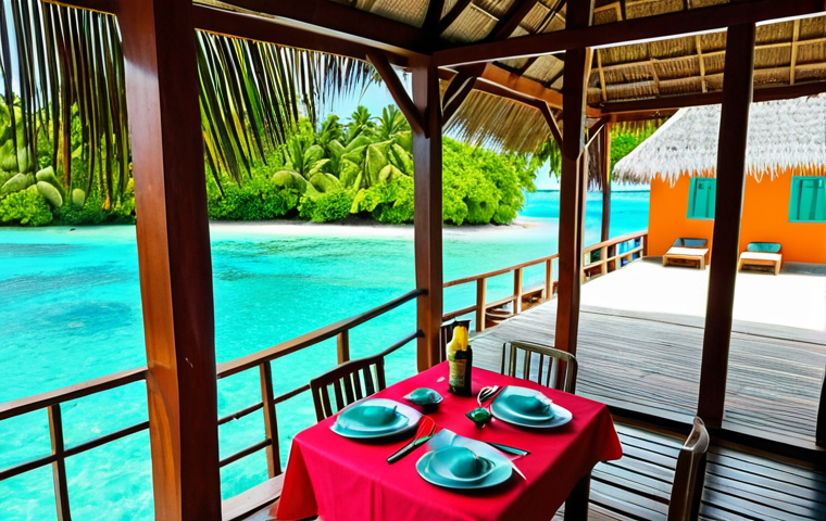 **Maldivian Guesthouse Scene:** A cozy, brightly colored guesthouse on a local island in the Maldives. Include details like local residents interacting, traditional Maldivian food being served, and clear turquoise water in the background. This represents budget-friendly accommodation and authentic cultural experiences.