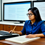 A professional female archivist, fully clothed in a modest, contemporary business-casual outfit, wearing professional eyeglasses, meticulously examining an ancient, well-preserved Maldivian manuscript in a brightly lit, modern digital heritage center. In the background, subtle, state-of-the-art 3D scanning equipment and a computer screen displaying digitized historical data are visible, symbolizing advanced digital preservation. The scene emphasizes dedication and innovation. safe for work, appropriate content, fully clothed, professional, perfect anatomy, correct proportions, natural pose, well-formed hands, proper finger count, natural body proportions.