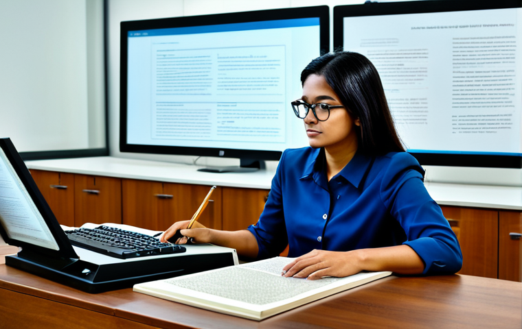 A professional female archivist, fully clothed in a modest, contemporary business-casual outfit, wearing professional eyeglasses, meticulously examining an ancient, well-preserved Maldivian manuscript in a brightly lit, modern digital heritage center. In the background, subtle, state-of-the-art 3D scanning equipment and a computer screen displaying digitized historical data are visible, symbolizing advanced digital preservation. The scene emphasizes dedication and innovation. safe for work, appropriate content, fully clothed, professional, perfect anatomy, correct proportions, natural pose, well-formed hands, proper finger count, natural body proportions.