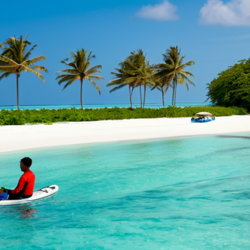 Home 26 A professional watersports instructor, fully clothed in a modest rash guard and board shorts, patiently guiding a guest learning to snorkel in the crystal-clear turquoise waters of the Maldives. The background features a pristine white sandy beach and a distant luxury resort, bathed in warm natural sunlight. The scene is calm and inviting, showcasing perfect anatomy, correct proportions, natural pose, well-formed hands, proper finger count, natural body proportions, safe for work, appropriate content, fully clothed, professional and family-friendly.