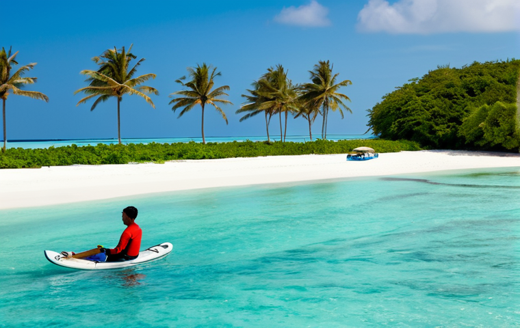 A professional watersports instructor, fully clothed in a modest rash guard and board shorts, patiently guiding a guest learning to snorkel in the crystal-clear turquoise waters of the Maldives. The background features a pristine white sandy beach and a distant luxury resort, bathed in warm natural sunlight. The scene is calm and inviting, showcasing perfect anatomy, correct proportions, natural pose, well-formed hands, proper finger count, natural body proportions, safe for work, appropriate content, fully clothed, professional and family-friendly.