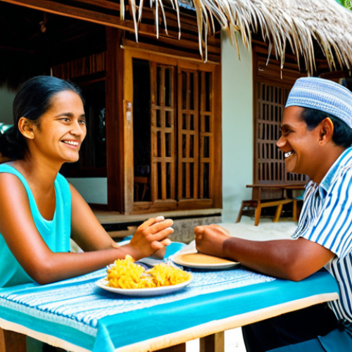 Home 25 A cheerful woman in modest, comfortable tropical attire, engaging in a friendly conversation with a local Maldivian guesthouse owner on a bustling local island. They are seated at a wooden table in a brightly lit, open-air cafe, surrounded by authentic Maldivian wooden carvings and local handicrafts. On the table are plates of fresh, vibrant local cuisine, like Mas Huni and Roshi, suggesting a cultural culinary experience. The background features glimpses of the serene, white sandy beach and turquoise water. Professional photography, perfect anatomy, correct proportions, natural pose, well-formed hands, proper finger count, natural body proportions, fully clothed, modest clothing, appropriate attire, professional dress, safe for work, appropriate content, family-friendly.
