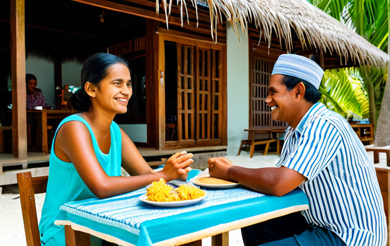 A cheerful woman in modest, comfortable tropical attire, engaging in a friendly conversation with a local Maldivian guesthouse owner on a bustling local island. They are seated at a wooden table in a brightly lit, open-air cafe, surrounded by authentic Maldivian wooden carvings and local handicrafts. On the table are plates of fresh, vibrant local cuisine, like Mas Huni and Roshi, suggesting a cultural culinary experience. The background features glimpses of the serene, white sandy beach and turquoise water. Professional photography, perfect anatomy, correct proportions, natural pose, well-formed hands, proper finger count, natural body proportions, fully clothed, modest clothing, appropriate attire, professional dress, safe for work, appropriate content, family-friendly.