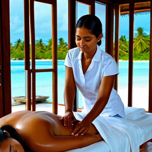 Home 12 Traditional Maldivian Massage**
A fully clothed woman receiving a traditional Maldivian massage in a luxurious spa setting. The therapist is applying coconut oil. The spa has open windows overlooking a turquoise ocean. Soft, diffused lighting. Focus on relaxation and well-being. Safe for work, appropriate content, professional, perfect anatomy, natural proportions, modest clothing. Well-formed hands, proper finger count.
**