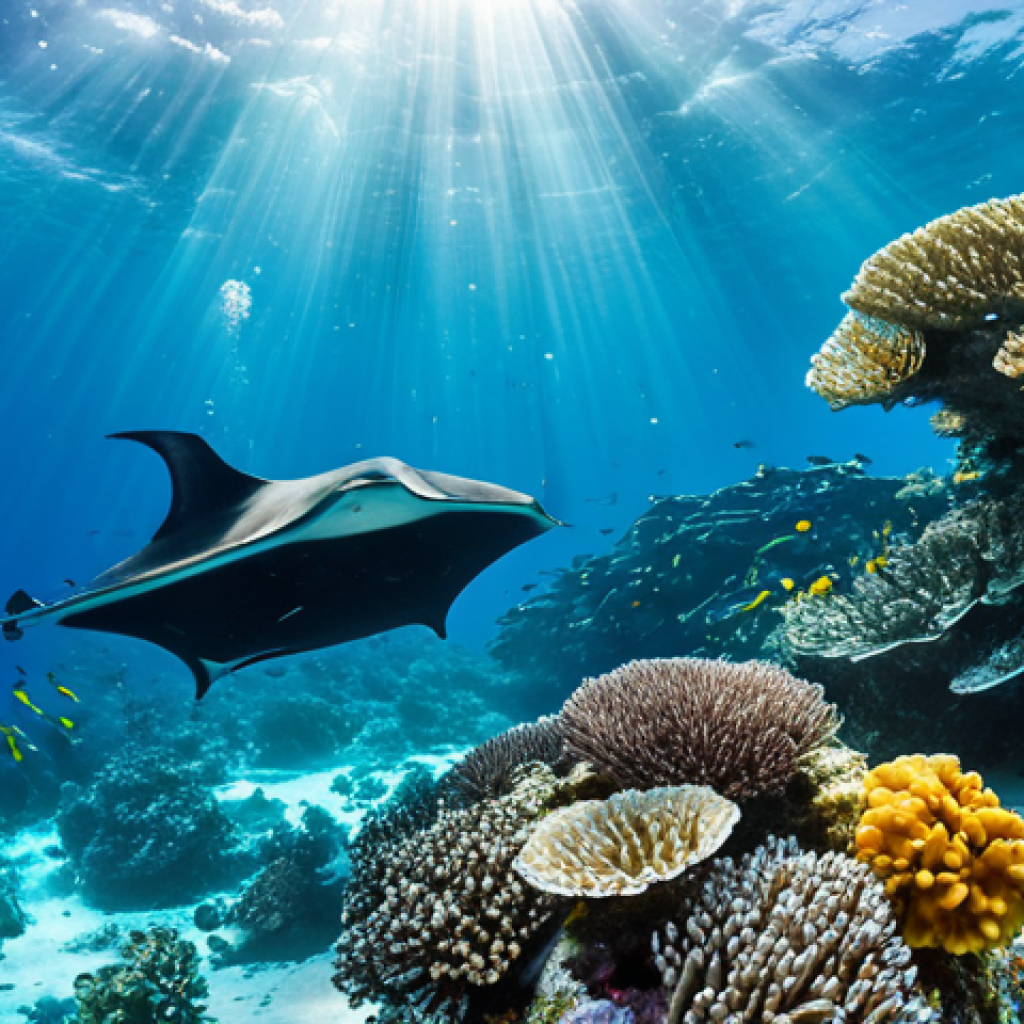 몰디브 사진 촬영 명소 - **
"Underwater scene in the Maldives, vibrant coral reef with colorful fish, manta ray gracefully s...