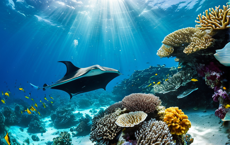 몰디브 사진 촬영 명소 - **
"Underwater scene in the Maldives, vibrant coral reef with colorful fish, manta ray gracefully s...