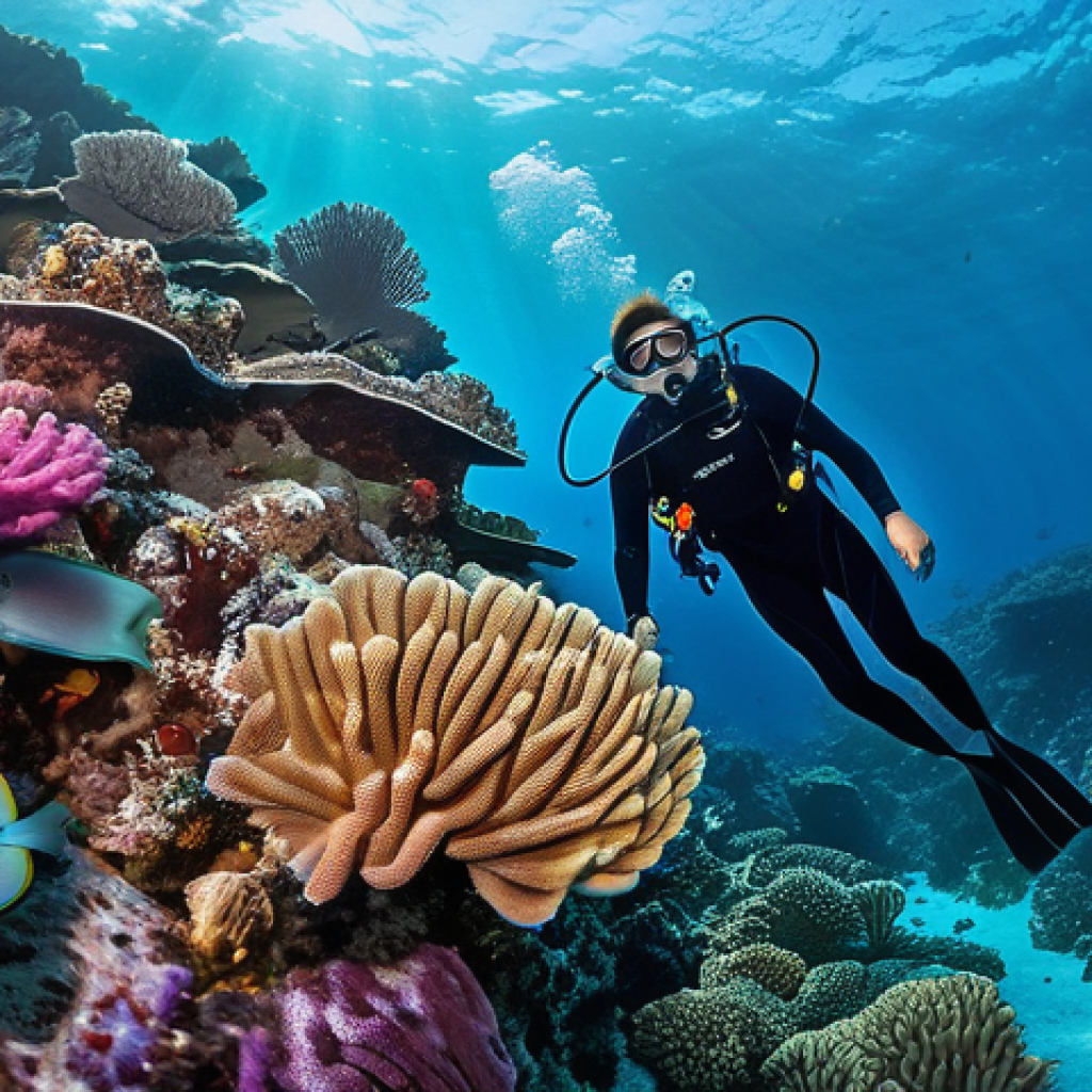 몰디브 스쿠버 자격증 - **"A diver, wearing a modest, full-body wetsuit, floats effortlessly in the incredibly clear, warm t...