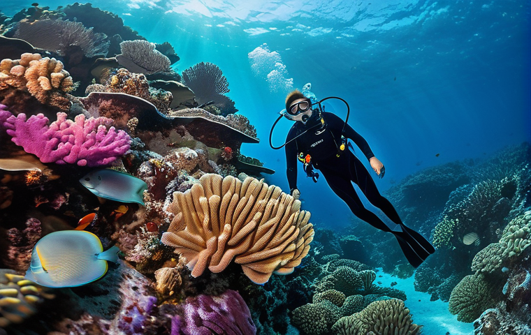 몰디브 스쿠버 자격증 - **"A diver, wearing a modest, full-body wetsuit, floats effortlessly in the incredibly clear, warm t...