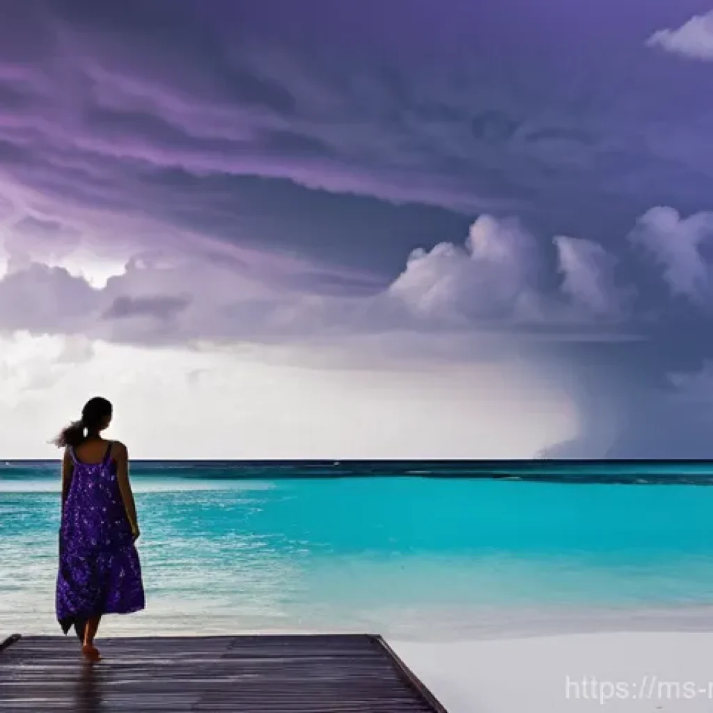 몰디브 우기 여행 팁 - **Prompt:** A serene scene on a private Maldivian beach during the monsoon season. The sky is filled...