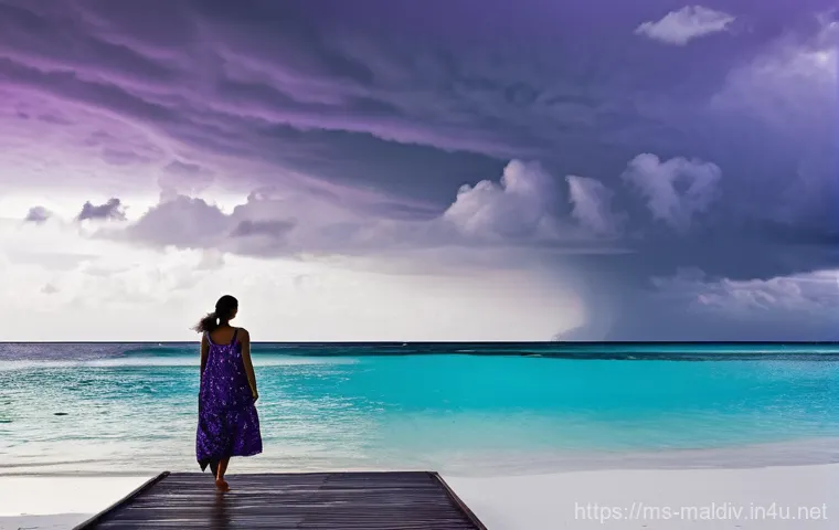 몰디브 우기 여행 팁 - **Prompt:** A serene scene on a private Maldivian beach during the monsoon season. The sky is filled...