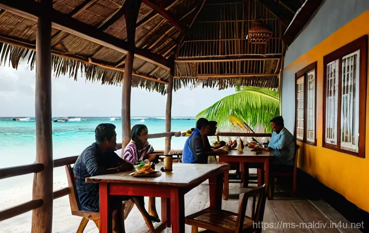 몰디브 우기 여행 팁 - **Prompt:** A serene scene on a private Maldivian beach during the monsoon season. The sky is filled...