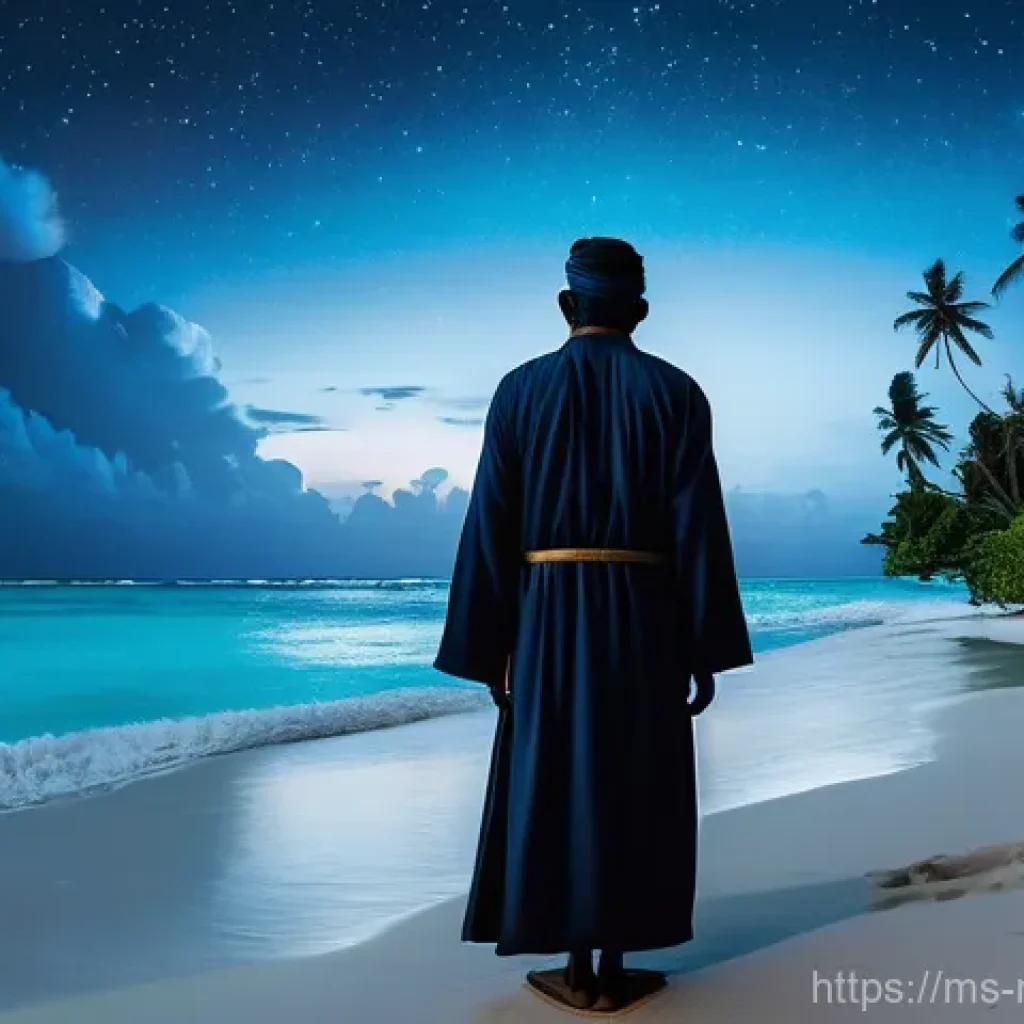 몰디브의 독특한 전설 - **Prompt:** A dramatic and spiritual scene depicting the legend of Rannamaari in the Maldives. In th...