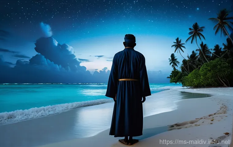 몰디브의 독특한 전설 - **Prompt:** A dramatic and spiritual scene depicting the legend of Rannamaari in the Maldives. In th...