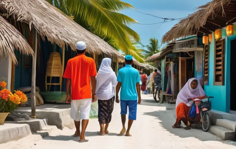 몰디브 여행 비용 절약법 - **Prompt: Local Island Life and Culture**
"A vibrant and authentic street scene on a local Maldi...