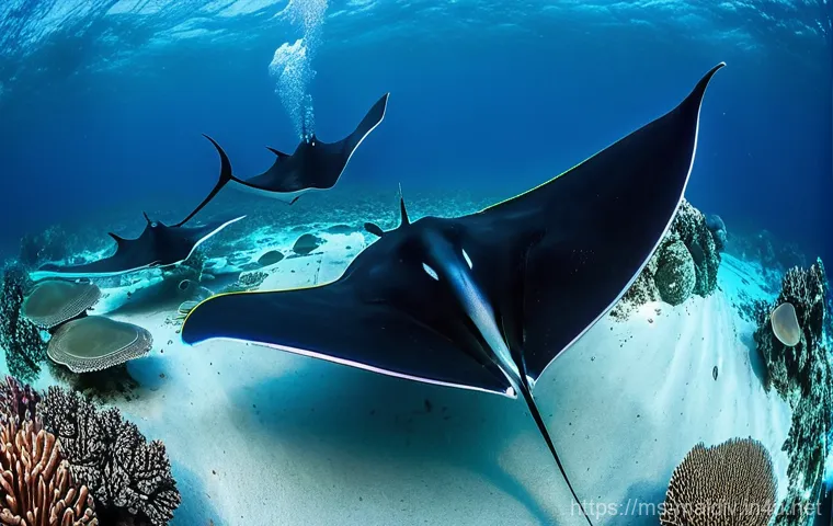 몰디브 절벽 다이빙 - **Manta Ray Ballet at a Cleaning Station:**
"A stunning underwater photograph captures several l...