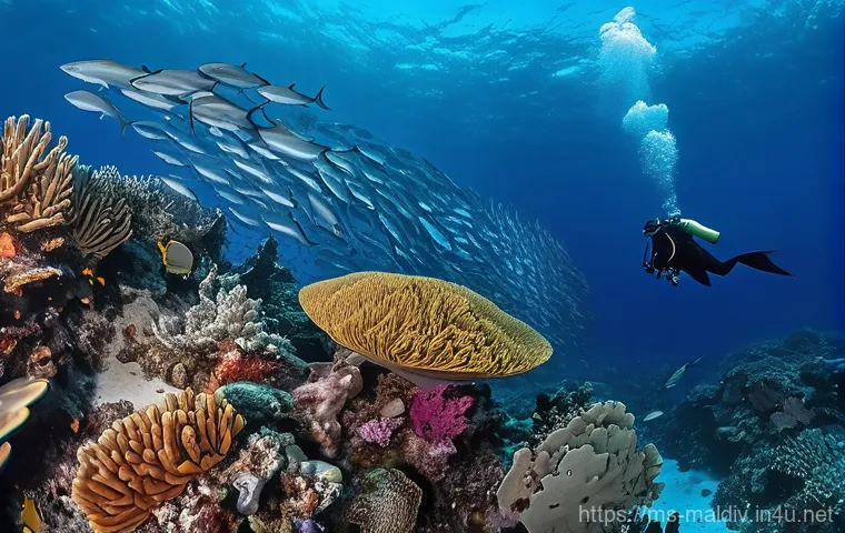몰디브 절벽 다이빙 - **Manta Ray Ballet at a Cleaning Station:**
    "A stunning underwater photograph captures several l...