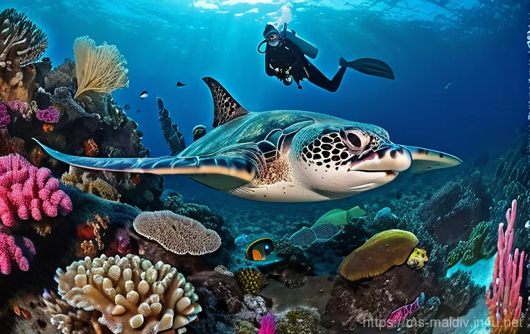 몰디브 절벽 다이빙 - **Dynamic Wall Dive with Reef Sharks:**
    "An exhilarating underwater scene showing two fully-equi...