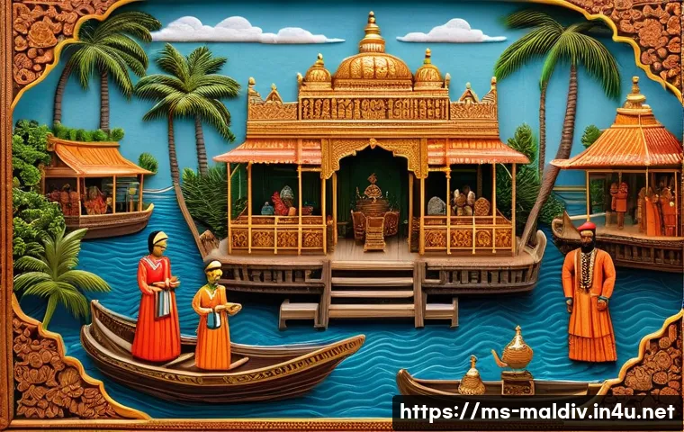 몰디브 옛 왕국 - A detailed historical scene depicting an early Maldivian kingdom: a royal court with a king wearing ...