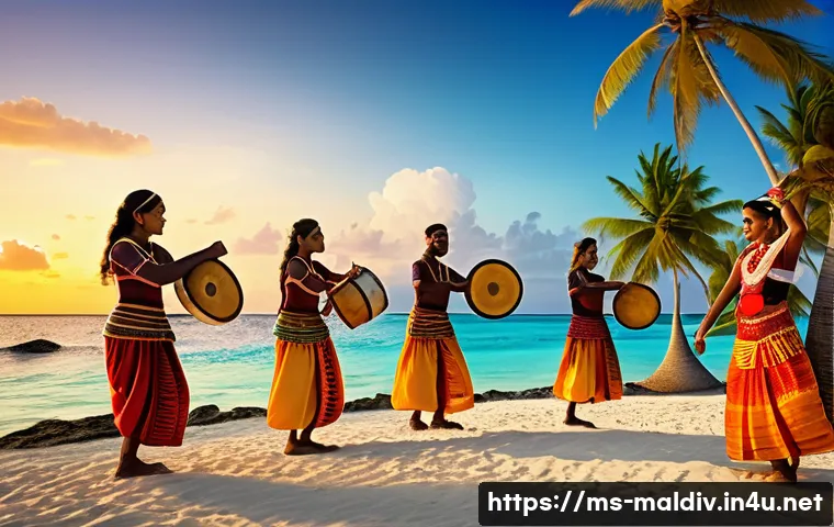 몰디브 독립 기념일 행사 - A vibrant traditional Maldivian festival scene featuring a group of dancers performing the Bodu Beru...