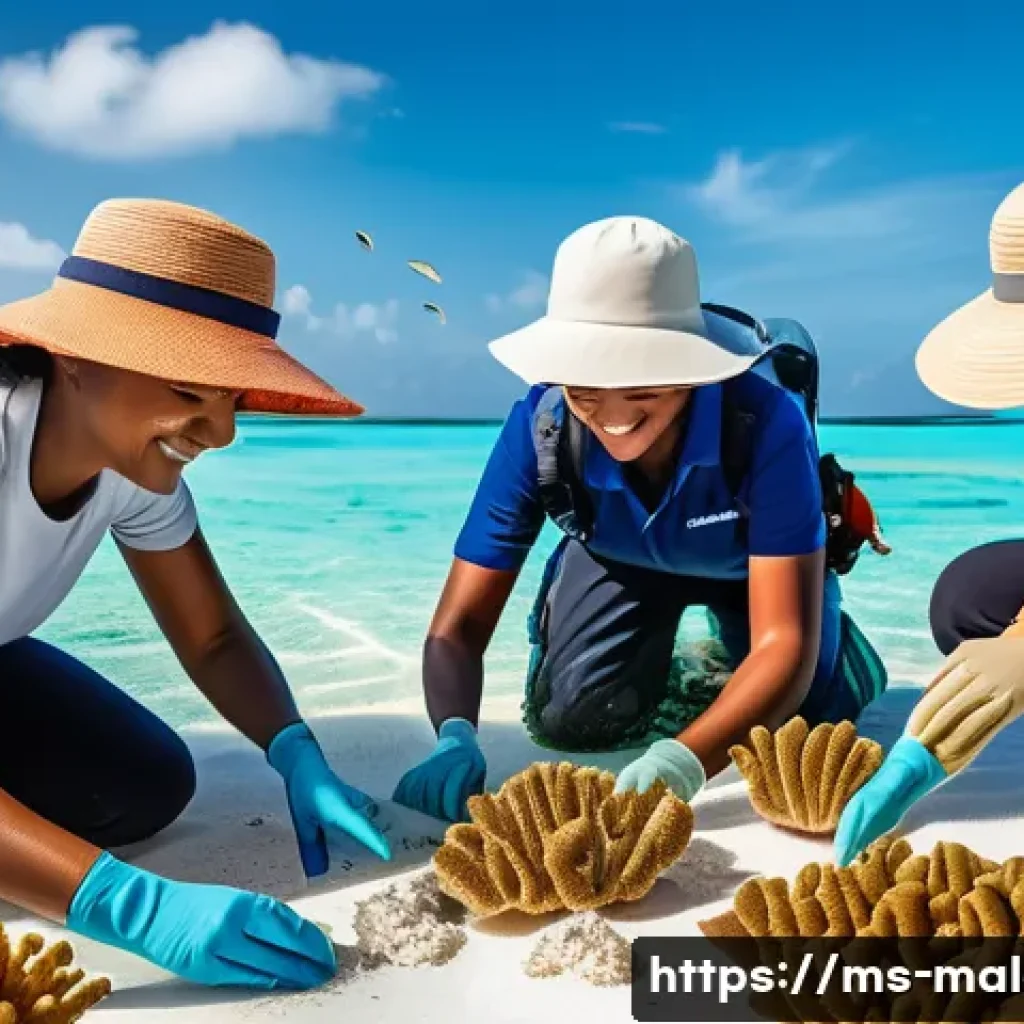 몰디브 봉사활동 - A diverse group of adult volunteers wearing casual, lightweight clothing and sun hats, working toget...