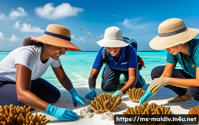 몰디브 봉사활동 - A diverse group of adult volunteers wearing casual, lightweight clothing and sun hats, working toget...