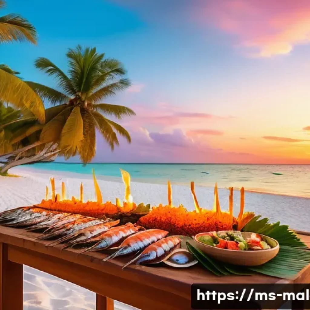 몰디브 바베큐 디너 - A vibrant Maldivian beach BBQ scene at sunset, featuring a wooden table on white sandy shore beside ...