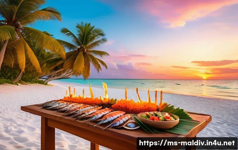 몰디브 바베큐 디너 - A vibrant Maldivian beach BBQ scene at sunset, featuring a wooden table on white sandy shore beside ...