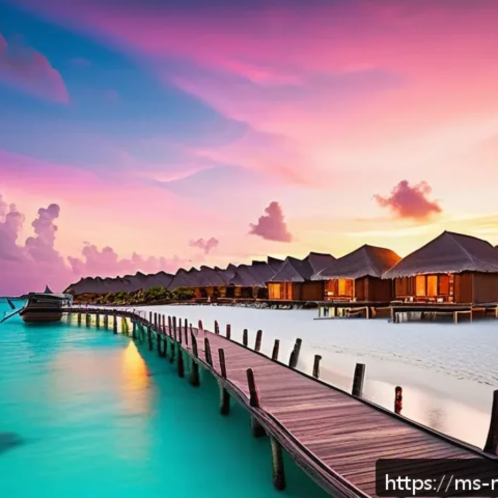 몰디브와 발리 비교 - A serene Maldives beach scene at sunset featuring fine white sand and crystal-clear turquoise water,...