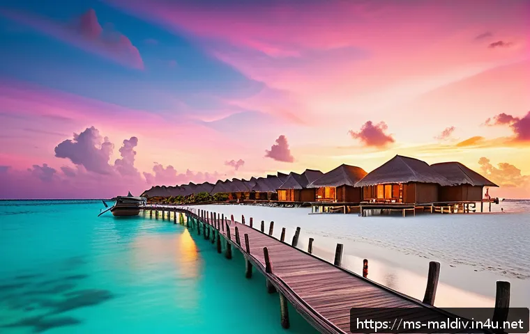 몰디브와 발리 비교 - A serene Maldives beach scene at sunset featuring fine white sand and crystal-clear turquoise water,...