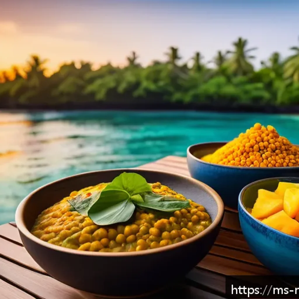 몰디브 채식주의 여행 - A vibrant traditional Maldivian vegetarian meal spread on a rustic wooden table by the beach during ...