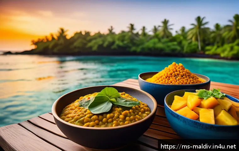 몰디브 채식주의 여행 - A vibrant traditional Maldivian vegetarian meal spread on a rustic wooden table by the beach during ...