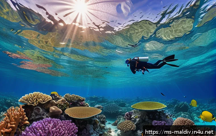 몰디브 유명 다큐멘터리 - A vibrant underwater scene showcasing the healthy coral reef ecosystem of the Maldives, filled with ...