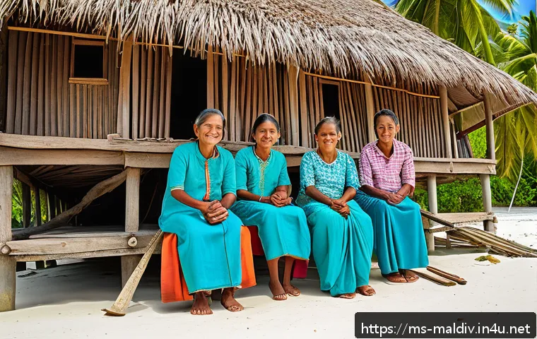 몰디브 로컬 주민 인터뷰 - A vibrant community scene in a small Maldivian village showing a group of men and women working toge...