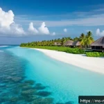 몰디브와 하와이 비교 - A breathtaking tropical island scene featuring the Maldives’ crystal-clear turquoise waters gently l...