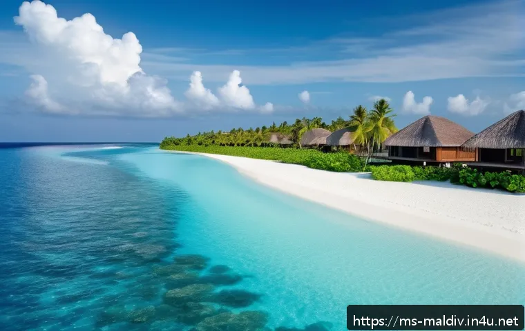 몰디브와 하와이 비교 - A breathtaking tropical island scene featuring the Maldives’ crystal-clear turquoise waters gently l...