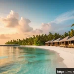 몰디브 국제 행사 유치 - A serene Maldives beach setting at sunset with crystal-clear turquoise water and pristine white sand...