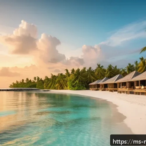 몰디브 국제 행사 유치 - A serene Maldives beach setting at sunset with crystal-clear turquoise water and pristine white sand...