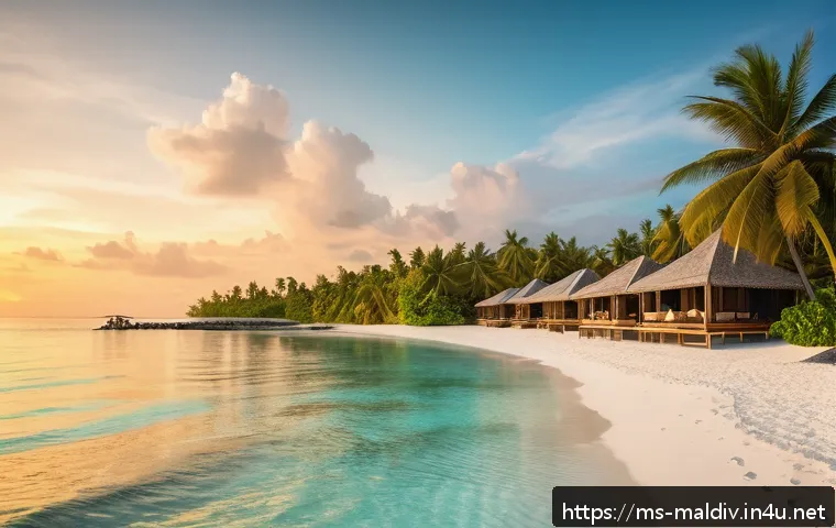 몰디브 국제 행사 유치 - A serene Maldives beach setting at sunset with crystal-clear turquoise water and pristine white sand...