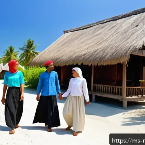 몰디브 공공예절 - A respectful scene in a Maldivian village showing a group of tourists dressed modestly: women wearin...