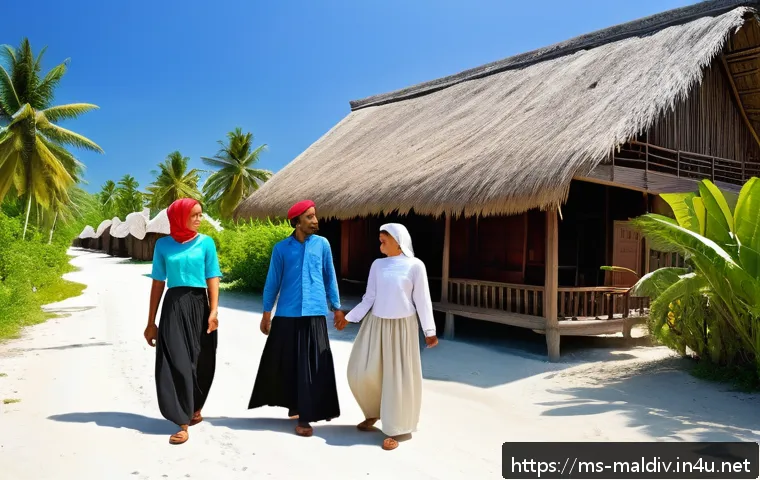 몰디브 공공예절 - A respectful scene in a Maldivian village showing a group of tourists dressed modestly: women wearin...